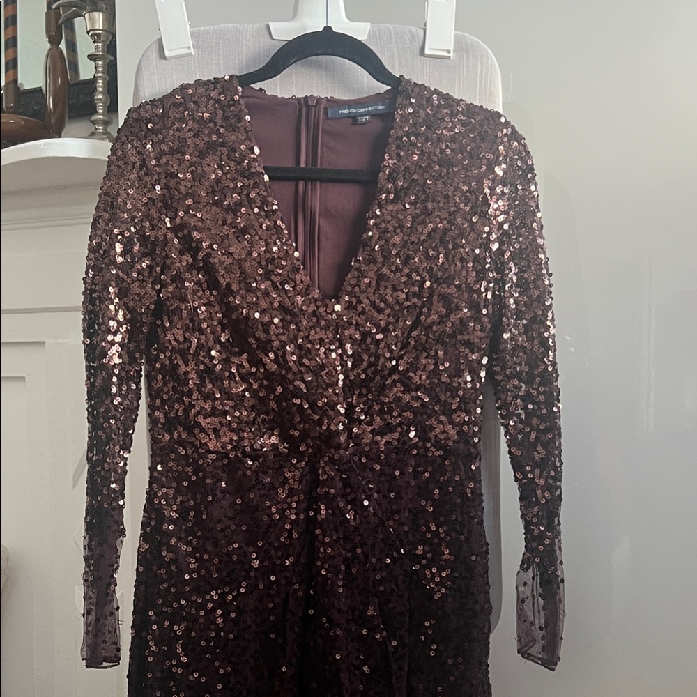 French Connection Sequin Long Sleeve Dress - Deep Brown